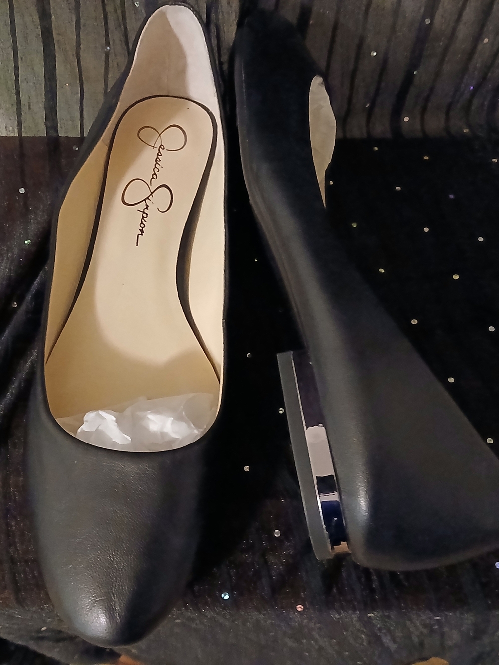 Jessica Simpson Black Soft Leather Ballet Flats with Metallic Heel Accent